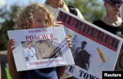 FILE - Protesters hold signs during a rally outside the River Bluff Dental clinic against the killing of a famous lion in Zimbabwe, in Bloomington, Minnesota, July 29, 2015.