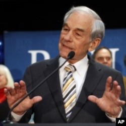 Republican presidential candidate U.S. Representative Ron Paul (R-TX) addresses supporters at his Maine caucus night rally in Portland, Maine, February 11, 2012.
