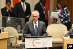 FILE - Australia Prime Minister Malcolm Turnbull speaks during the Summit for Refugees and Migrants at U.N. headquarters, Sept. 19, 2016.