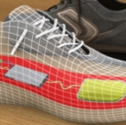 Artist's rendering of a shoe embedded with components that collect and store power to run mobile devices.