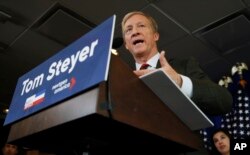 FILE - Billionaire environmental activist Tom Steyer speaks during a news conference in Washington, Jan. 8, 2018.
