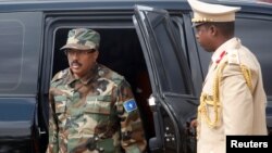 Somali President Mohamed Abdullahi Mohamed arrives for celebrations to mark the 57th anniversary of the Somali National Armed Forces in the capital Mogadishu, April 12, 2017.
