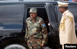Somali President Mohamed Abdullahi Mohamed arrives for celebrations to mark the 57th anniversary of the Somali National Armed Forces in the capital Mogadishu, April 12, 2017.