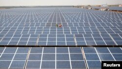 In this file photo, workers install photovoltaic solar panels at the Gujarat solar park under construction in Charanka village in Patan district of the western Indian state of Gujarat, India.