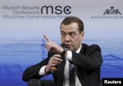 Russian Prime Minister Dmitry Medvedev answers a question from the audience at the Munich Security Conference in Munich, Germany, Feb. 13, 2016.
