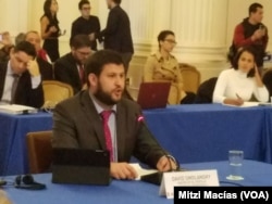FILE - David Smolansky speaks in Caracas, Venezuela.