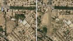 This combo of satellite images received on September 30, 2019 from CNES 2019, distributed by Airbus DS and produced by Earthrise shows a picture from April 24, 2018 (top) of Teywizim cemetery (C) in Hotan, Xinjiang province and the same view on August 6,