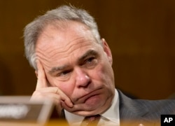 Senate Foreign Relations Committee member Sen. Tim Kaine, D-Va. listens on Capitol Hill, Jan. 11, 2017.