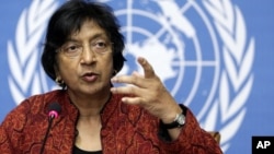 U.N. High Commissioner for Human Rights South African Navanethem Pillay gestures during a press conference at the European headquarters of the United Nations in Geneva (file)