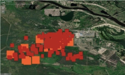 UKRAINE -- A satellite image from The Fire Information for Resource Management System (FIRMS) by NASA shows the area of fire nearby the Chernobyl. The Chernobyl Nuclear Power Plant sarcophagus is seen on the left of the map.