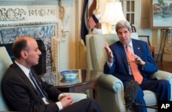 Secretary of State John Kerry speaks to the media after meeting with Saudi Arabia Foreign Minister Adel bin Ahmed Al-Jubeir at the State Department in Washington, July 16, 2015.