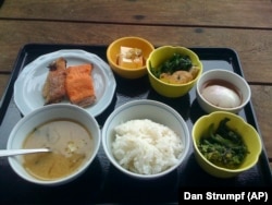 Japanese breakfast may include rice, noodles, fish and miso soup.