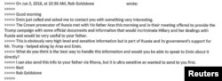 Part of an email conversation between Donald Trump Jr and publicist Rob Goldstone is seen in a Twitter message posted by Trump Jr., July 11, 2017.