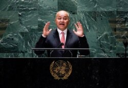 Presiden Irak Barham Salih berpidato di hadapan Sidang ke-76 Majelis Umum PBB di New York, 23 September 2021.