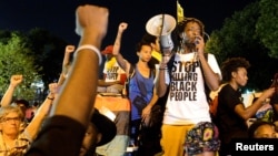 A Black Lives Matter protester addresses fellow protesters near the site of Democratic National Convention in Philadelphia, Pennsylvania, U.S., July 26, 2016.