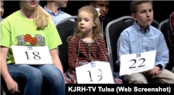Five-year-old Edith Fuller takes part in the Scripps Green Country Regional Spelling Bee in Tulsa, Oklahoma (KJRH-TV Tulsa YouTube video screengrab)