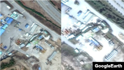 지난 3월 개성공단 폐쇄 직후에 찍은 위성사진(왼쪽)과 지난달 5일 촬영한 개성공단 위성사진. 중장비들이 전용되지 않은 채 방치돼 있다.