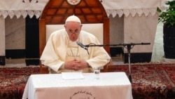 Pope Francis delivers his speech during a meeting with bishops and priests, at the Sayidat al-Nejat (Our Lady of Salvation) Cathedral, in Baghdad, Iraq, Friday, March 5, 2021. (AP Photo/Andrew Medichini)