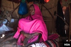 Geelo Ismail Mohamed lives on the outskirts of a village in a makeshift hut of wooden poles and scraps of cloth, Feb.9, 2017. (VOA/Jason Patinkin)