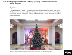 유엔 안보리 대북제재위원회 산하 전문가패널이 연례보고서에서 불가리아 소피아 주재 북한 대사 공관의 인터넷 임대 광고를 공개했다. 결혼이나 기업·개인 행사, 촬영 장소 등으로 사용할 수 있다는 설명이 달려있다.