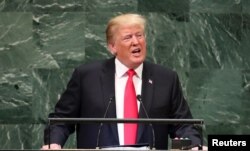 도널드 트럼프 미국 대통령이 25일 미국 뉴욕의 유엔본부에서 열린 제73회 유엔총회에서 연설하고 있다.