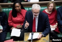 Jeremy Corbyn, Leader of the Labor Party, talks during a no-confidence debate after Parliament rejected Theresa May's Brexit deal, in London, Jan. 16, 2019.