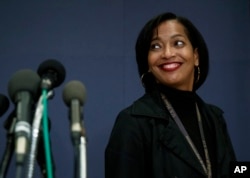 Rep.-elect Jahana Hayes, D-Conn., walks from media microphones after member-elect briefings on Capitol Hill in Washington, Nov. 15, 2018.