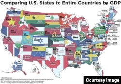HowMuch.net produced this map based on economics Professor Mark J. Perry's analysis comparing the GDP's of US states to entire countries..