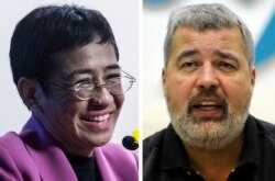 រូបផ្គុំ៖ អ្នកស្រី Maria Ressa សហស្ថាបនិកនិងនាយិកាប្រតិបត្តិនៃប្រព័ន្ធសារព័ត៌មានអនឡាញនិងគេហទំព័រ Rappler នៅហ្វីលីពីន និងលោក Dmitry Muratov ស្ថាបនិកនិងនាយកប្រតិបត្តិកាសែត Novaya Gazeta នៅរុស្ស៊ី បានទទួលពានរង្វាន់ណូបែលសន្តិភាពឆ្នាំ ២០២១ សម្រាប់កិច្ចខំប្រឹងប្រែងការពារសិទ្ធិក្នុងការបញ្ចេញមតិ។