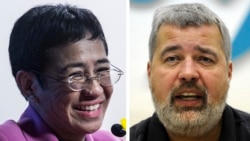 This combination of pictures shows Maria Ressa (L), co-founder and CEO of the Philippines-based news website Rappler, and Dmitry Muratov, editor-in-Chief of Russia's main opposition newspaper Novaya Gazeta.