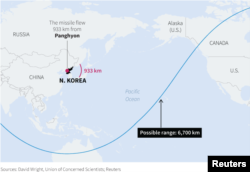 North Korea said Tuesday it successfully test-launched an intercontinental ballistic missile (ICBM), which flew 933 km reaching an altitude of 2,802 km. One independent analyst suggests the missile could potentially reach a maximum range of around 6,700 k.