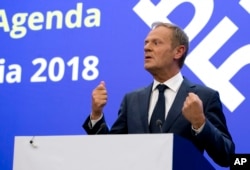 European Council President Donald Tusk speaks during a media conference at the conclusion of an EU and Western Balkan heads of state summit at the National Palace of Culture in Sofia, Bulgaria, May 17, 2018.