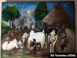 Santo, who is a gifted painter, studied fine arts at Sudan University before north and south separated in 2011. This picture of village life in south Sudan is one of his favorites.