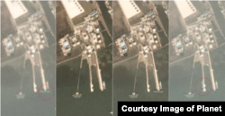 유류 저장소가 모여 있는 북한 남포 항을 찍은 지난해 10월8일 위성사진(왼쪽부터)과 같은 달 13일, 24일, 27일 위성사진. 붉은 원으로 표시된 지점에서 선박이 드나드는 모습이 관측된다.