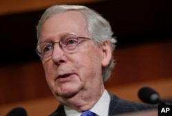 Senate Majority Leader Mitch McConnell of Ky., speaking to members of the media at the Capitol in Washington, Nov. 7, 2018.