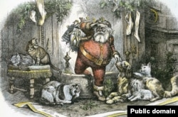 Santa Claus coming down the chimney. (Illustration by Thomas Nast)