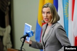 FILE - European Union foreign affairs chief Federica Mogherini speaks after a meeting of the parties to the Iran nuclear deal during the 72nd U.N. General Assembly at U.N. headquarters in New York, Sept. 20, 2017.