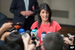 U.S. Ambassador to the United Nations Nikki Haley speaks to reporters after a Security Council vote on a new sanctions resolution that would increase economic pressure on North Korea to return to negotiations on its missile program, Aug. 5, 2017 at U.N. headquarters.