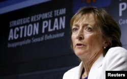 FILE - Former Canada Supreme Court Justice Marie Deschamps speaks in Ottawa, April 30, 2015. Deschamps headed a three-member panel that found a U.N. probe of allegations of sexual abuse by peacekeepers in CAR was “seriously flawed."