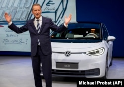 CEO of Volkswagen Herbert Diess introduces the new VW ID.3 at the IAA Auto Show in Frankfurt, Germany, Monday, September 9, 2019.