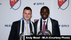 Keegan Rosenberry and Joshua Yaro pose after they were selected in the 2016 Major League Soccer SuperDraft. The two played together at Georgetown University and will play for the Philadelphia Union.