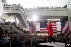 Democratic presidential candidate Hillary Clinton speaks at a rally at Iowa State University in Ames, Iowa, Jan. 30, 2016.