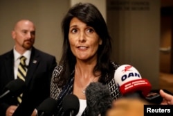 U.S. Ambassador to the United Nations Nikki Haley comments as she arrives for a Security Council meeting at United Nations Headquarters in New York City, U.S., August 29, 2017.