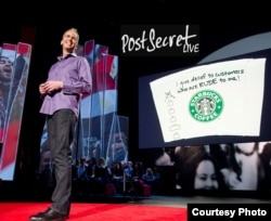 Some secrets sent to Frank Warren were written on objects, such as paper coffee cups. (Photo courtesy of Frank Warren)