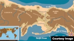 Map of eastern Russian and Alaska with a light brown boarder depicting Beringia, where archaeologists believe ancient Americans crossed from Siberia into Alaska around 13,000 years ago. (U.S. National Park Service)