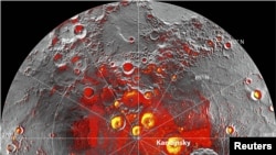 A radar image of Mercury's north polar region acquired by the Arecibo Observatory in Puerto Rico is shown superposed on a mosaic of Mercury MESSENGER images of the same area in this NASA handout photo released November 29, 2012. Shown in red are areas of Mercury's north polar region that are in shadow in all images acquired by MESSENGER to date. Since their discovery in 1992, these polar deposits have been hypothesized to consist of water ice trapped in permanently shadowed areas near Mercury's north and south pole, but other explanations for the polar deposits have also been suggested.