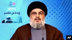 In this photo released by the Syrian official news agency SANA, Hezbollah chief Hassan Nasrallah, gives a televised speech from an unknown location, May 25, 2013
