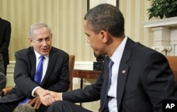Mart oyida AQSh prezidenti Barak Obama (o'ngda) Isroil Bosh vaziri Benyamin Netanyaxuni Oq Uyda qabul qildi. 5-mart, 2012-yil.