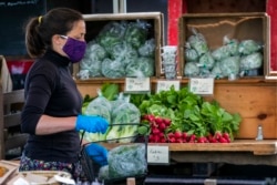 In this Thursday, May 28, 2020 photo, Amanda Labelle of Dandelion Spring Farm fills a cart for a farmer's market customer in Rockland, Maine. (AP Photo)