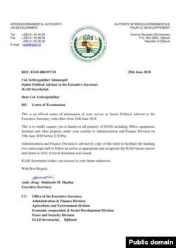 ስለኮሎኔል ገብረእግዚአብሄር ዓለምሰገድ የተፃፈ የኢጋድ ደብዳቤ